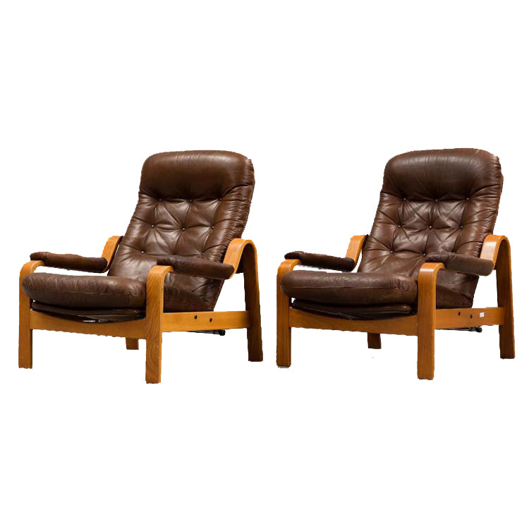 Pair of Danish Teak and Leather Lounge Chairs