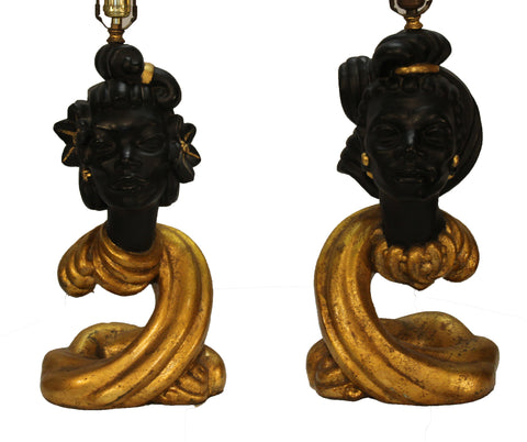 Exceptional Pair of Plaster Blackamoor Lamps